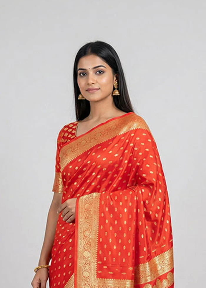 Orange Banarasi Silk Saree With Blouse Piece - Image 2
