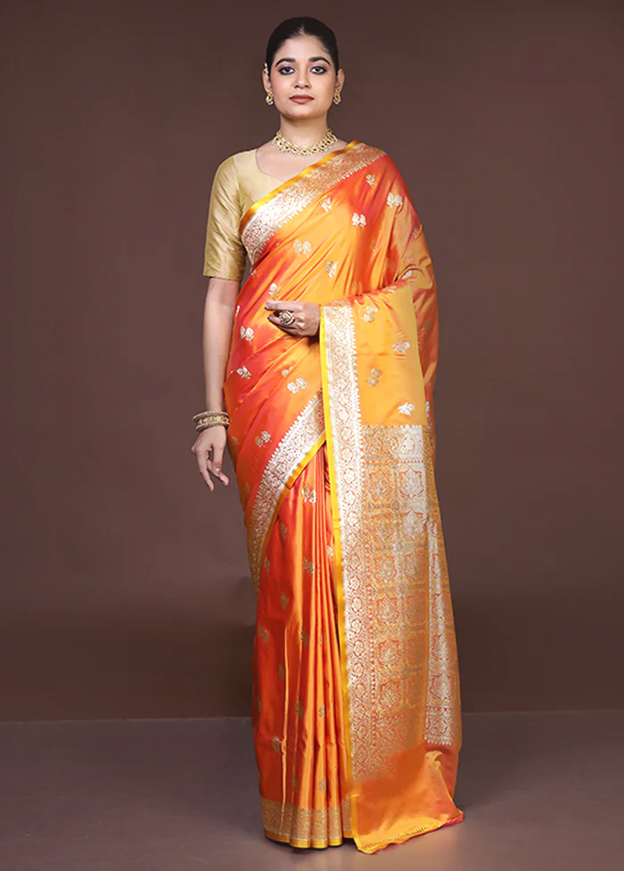 Orange Banarasi Silk Saree With Blouse Piece - Image 2