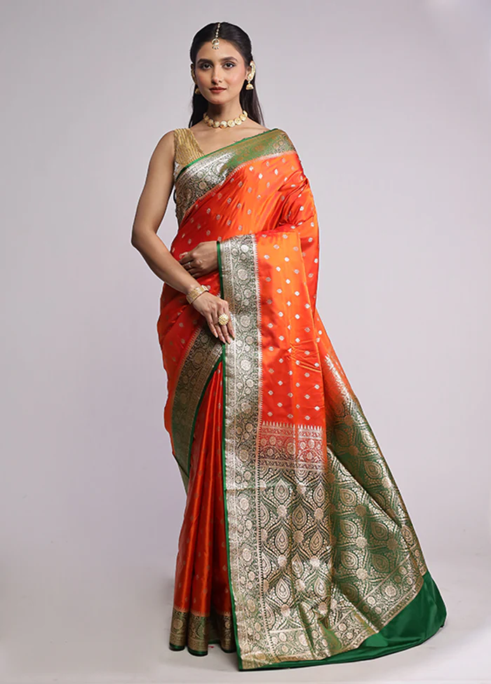 Orange Banarasi Silk Saree With Blouse Piece - Image 2