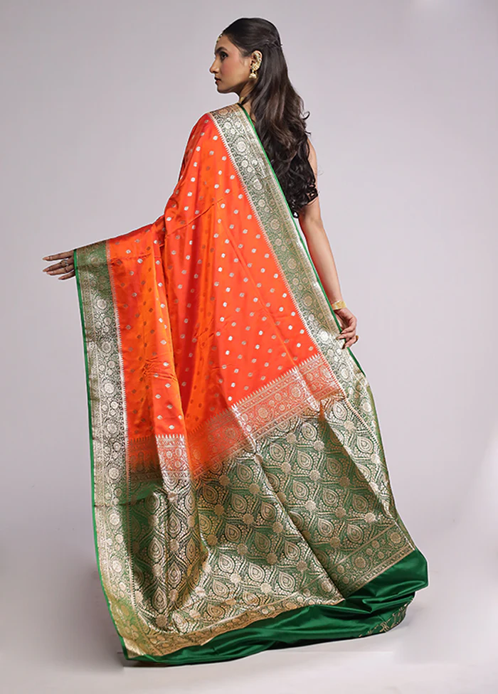 Orange Banarasi Silk Saree With Blouse Piece - Image 3