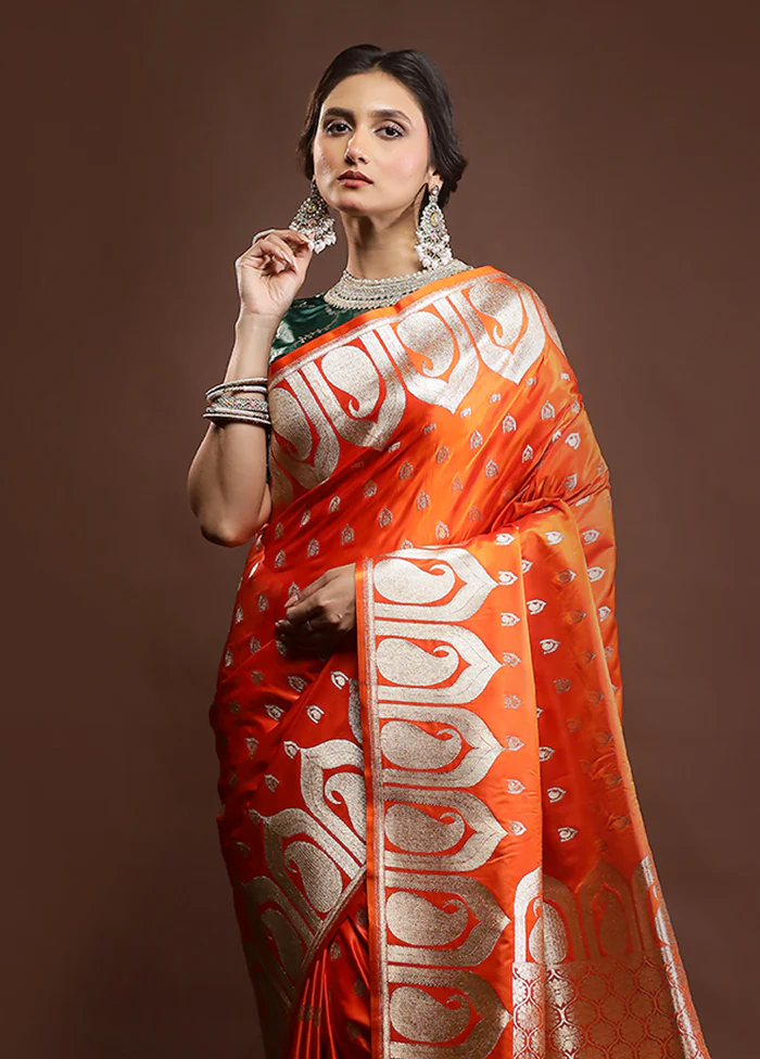 Orange Banarasi Silk Saree With Blouse Piece