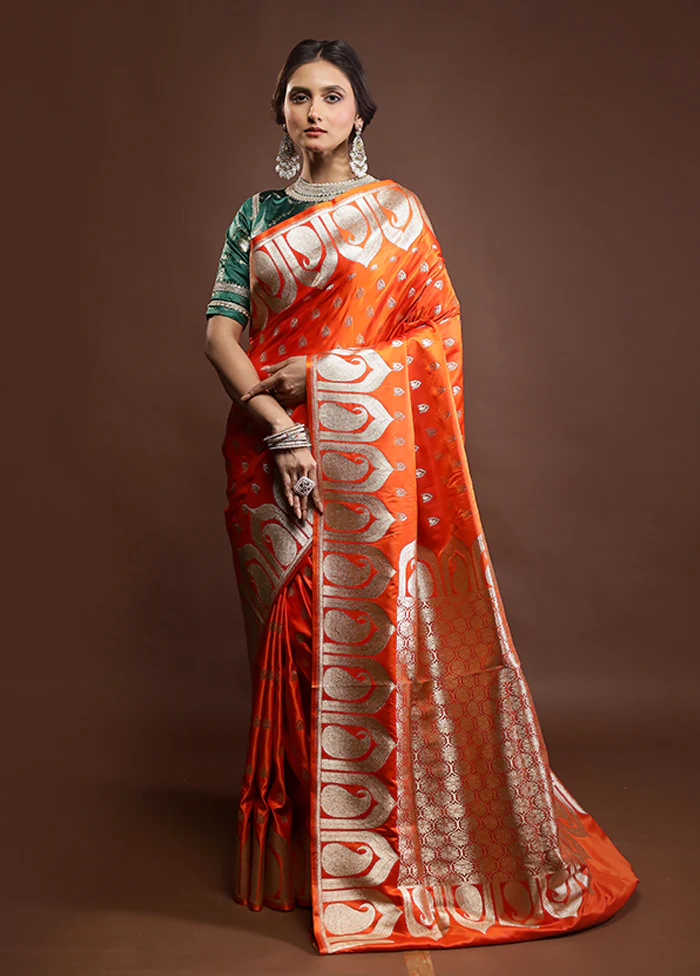 Orange Banarasi Silk Saree With Blouse Piece - Image 2