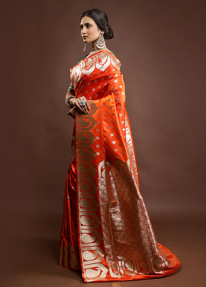 Orange Banarasi Silk Saree With Blouse Piece - Image 4