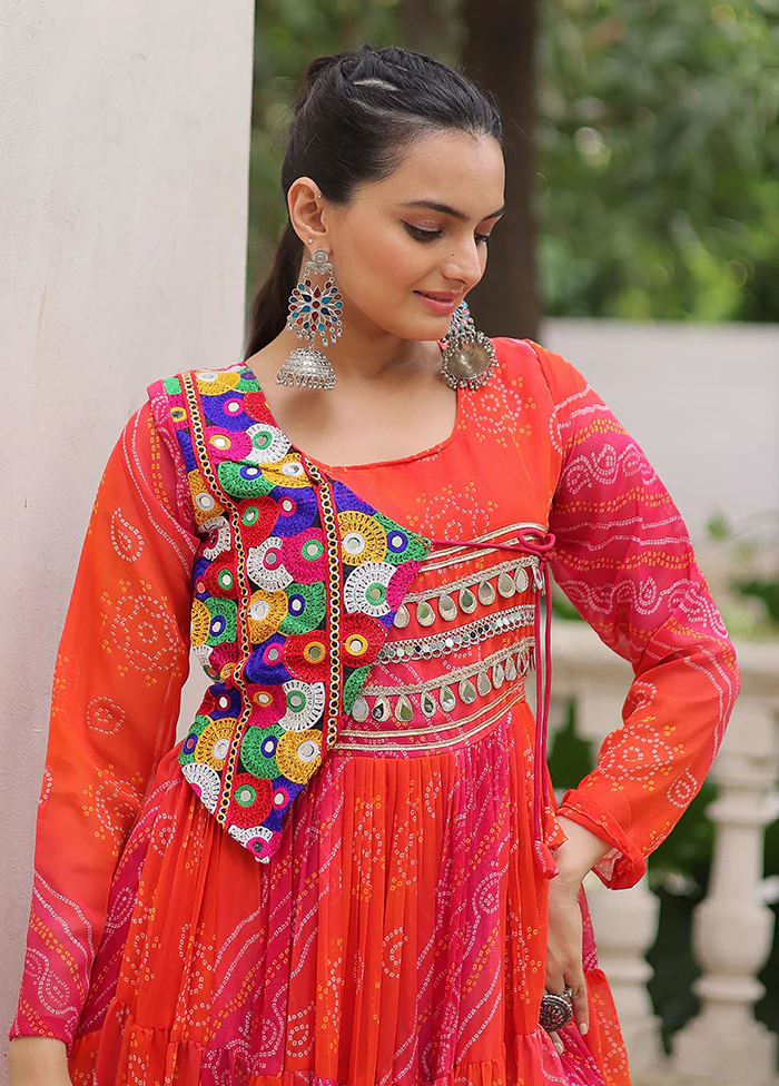 Orange Bandhani Printed Work Georgette Gown - Image 2