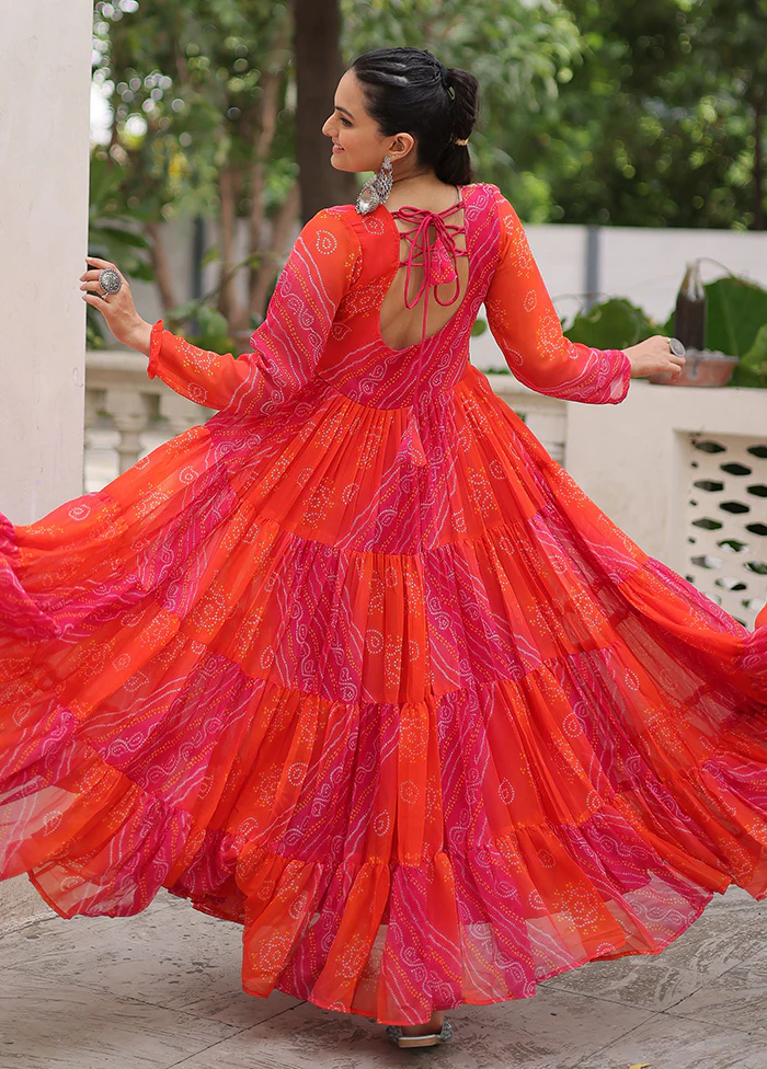 Orange Bandhani Printed Work Georgette Gown - Image 3