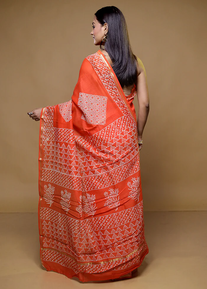 Orange Chanderi Cotton Saree With Blouse Piece - Image 3