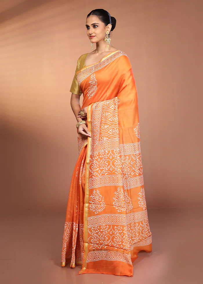 Orange Chanderi Silk Saree With Blouse Piece - Image 4