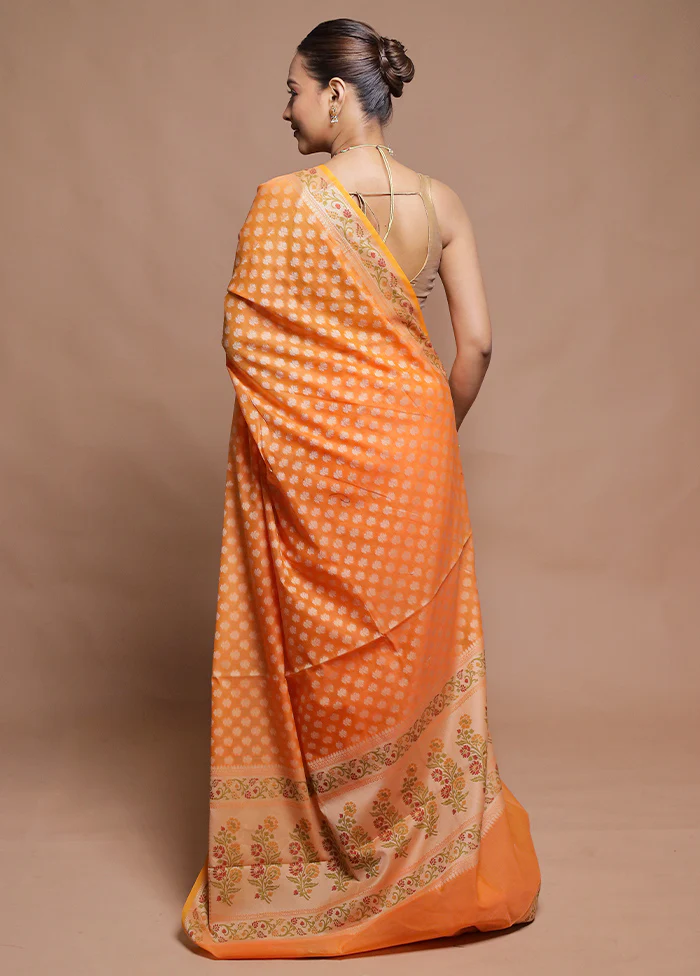 Orange Cotton Saree With Blouse Piece - Image 3