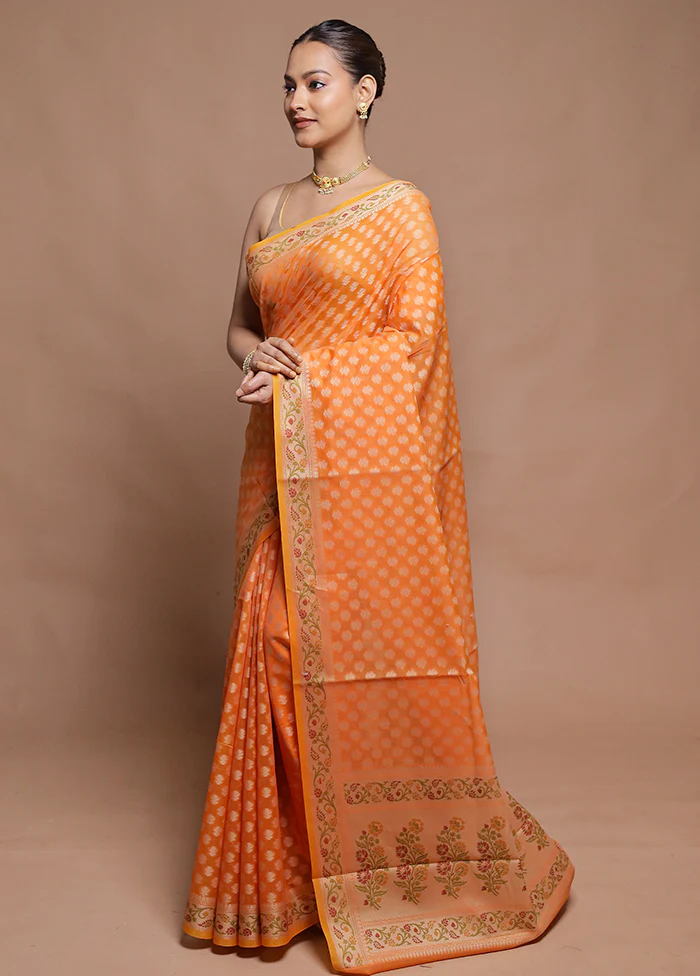 Orange Cotton Saree With Blouse Piece - Image 4