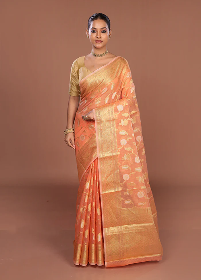 Orange Cotton Saree With Blouse Piece - Image 2