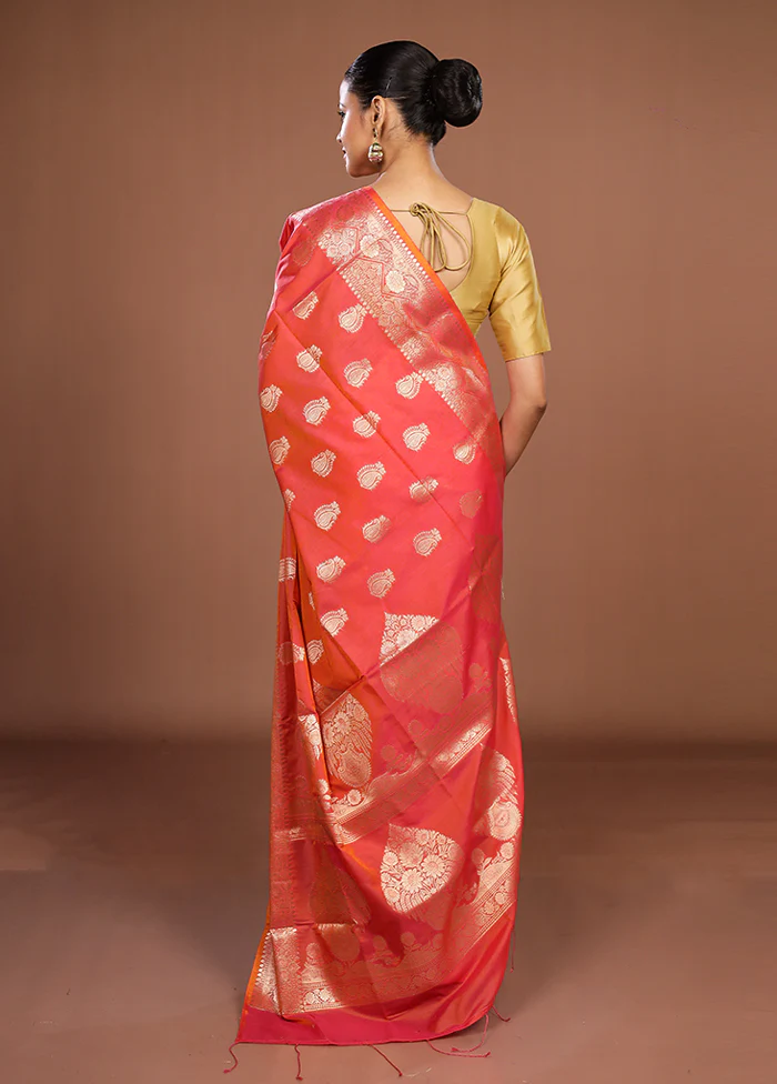 Orange Cotton Saree With Blouse Piece - Image 3