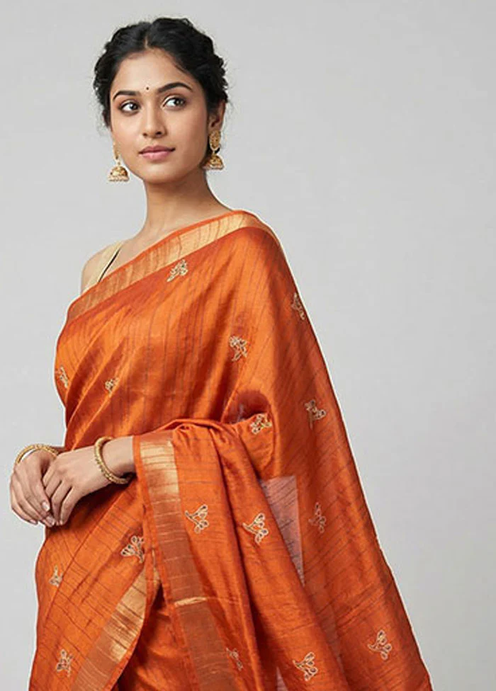 Orange Cotton Saree With Blouse Piece - Image 2