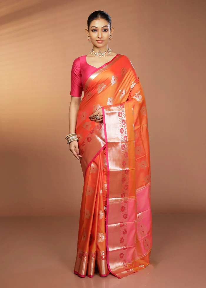 Orange Dupion Silk Saree With Blouse Piece - Image 2
