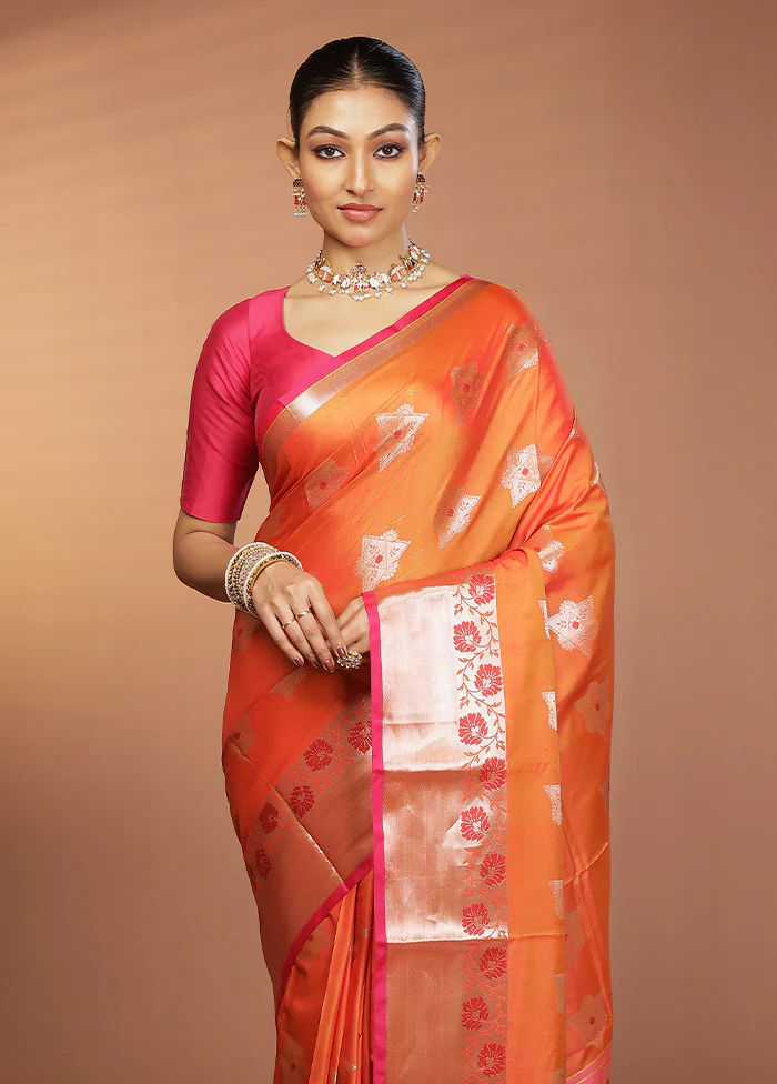 Orange Dupion Silk Saree With Blouse Piece