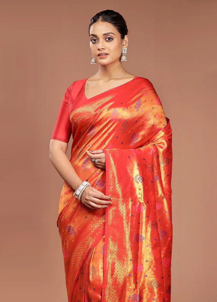 Orange Dupion Silk Saree With Blouse Piece