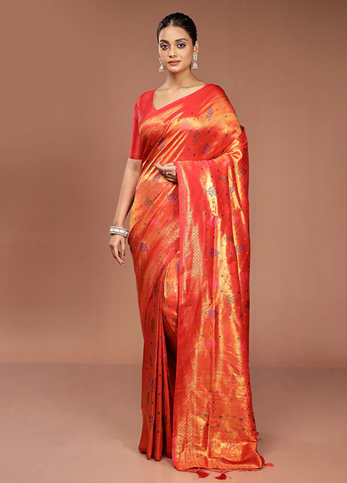 Orange Dupion Silk Saree With Blouse Piece - Image 2