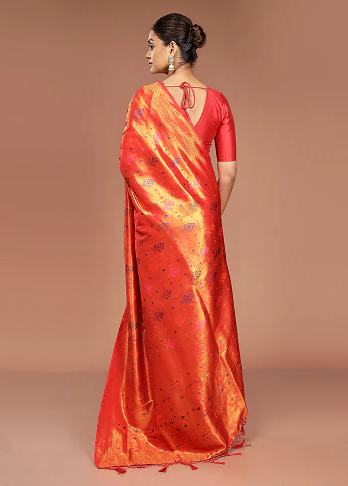 Orange Dupion Silk Saree With Blouse Piece - Image 3