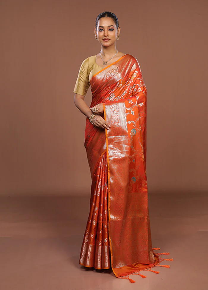 Orange Dupion Silk Saree With Blouse Piece - Image 2