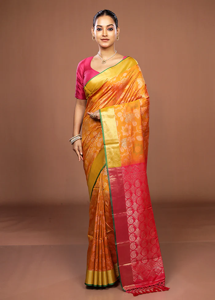 Orange Dupion Silk Saree With Blouse Piece - Image 2