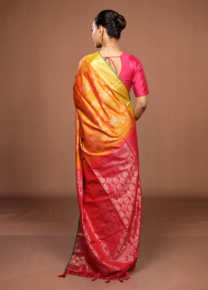 Orange Dupion Silk Saree With Blouse Piece - Image 3