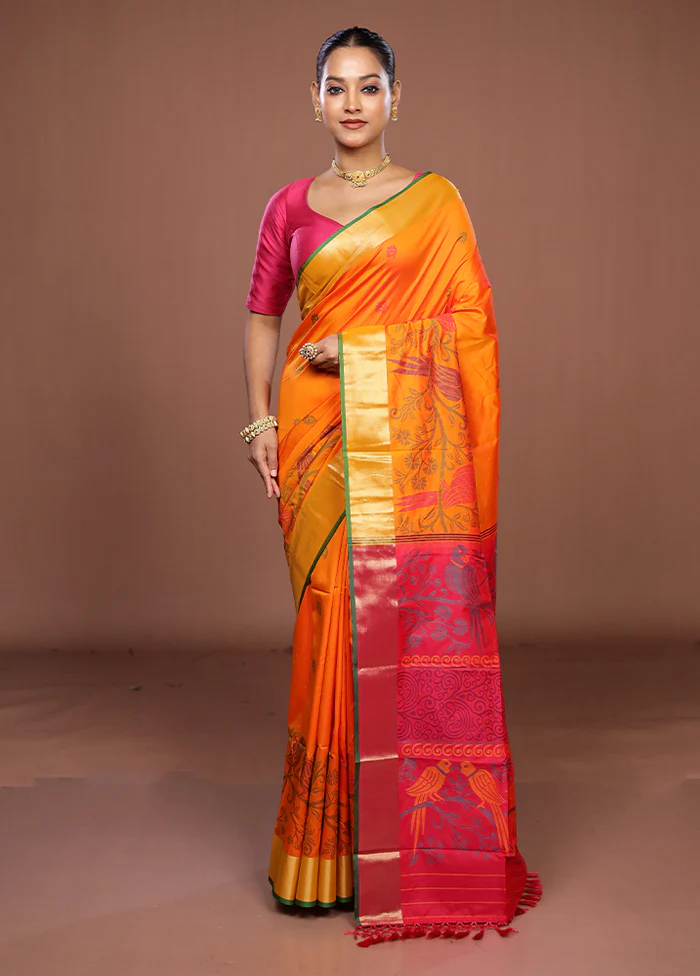 Orange Dupion Silk Saree With Blouse Piece - Image 2