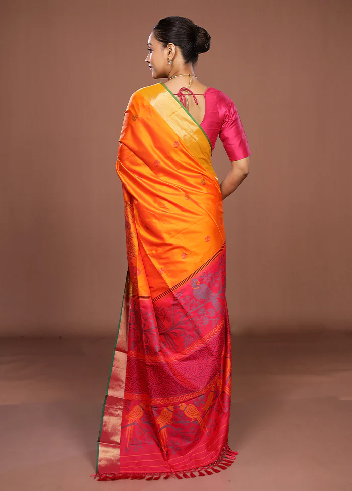 Orange Dupion Silk Saree With Blouse Piece - Image 3