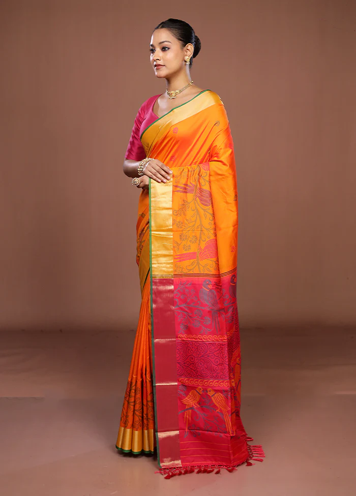 Orange Dupion Silk Saree With Blouse Piece - Image 4