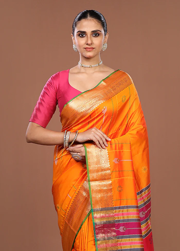 Orange Dupion Silk Saree With Blouse Piece