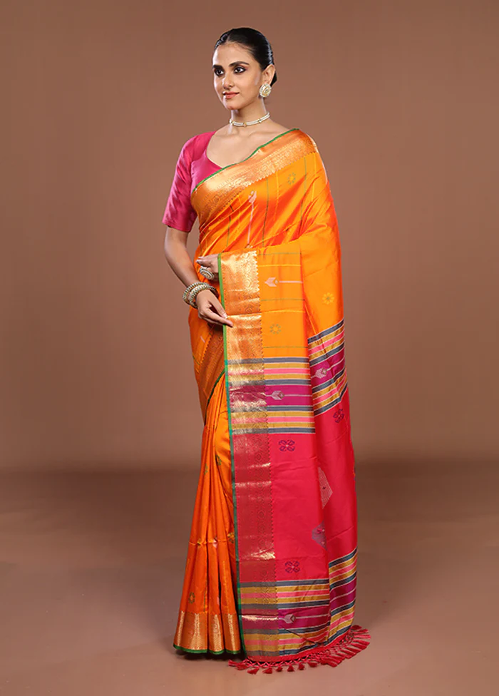Orange Dupion Silk Saree With Blouse Piece - Image 4