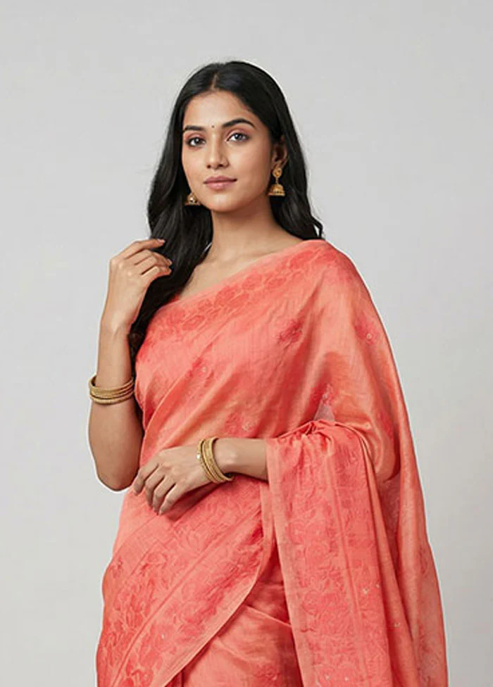 Orange Dupion Silk Saree With Blouse Piece - Image 2
