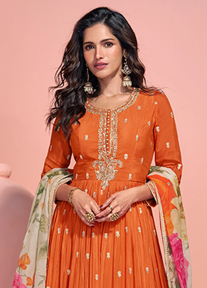 Orange Embroidery Work Silk Anarkali Suits - Image 2