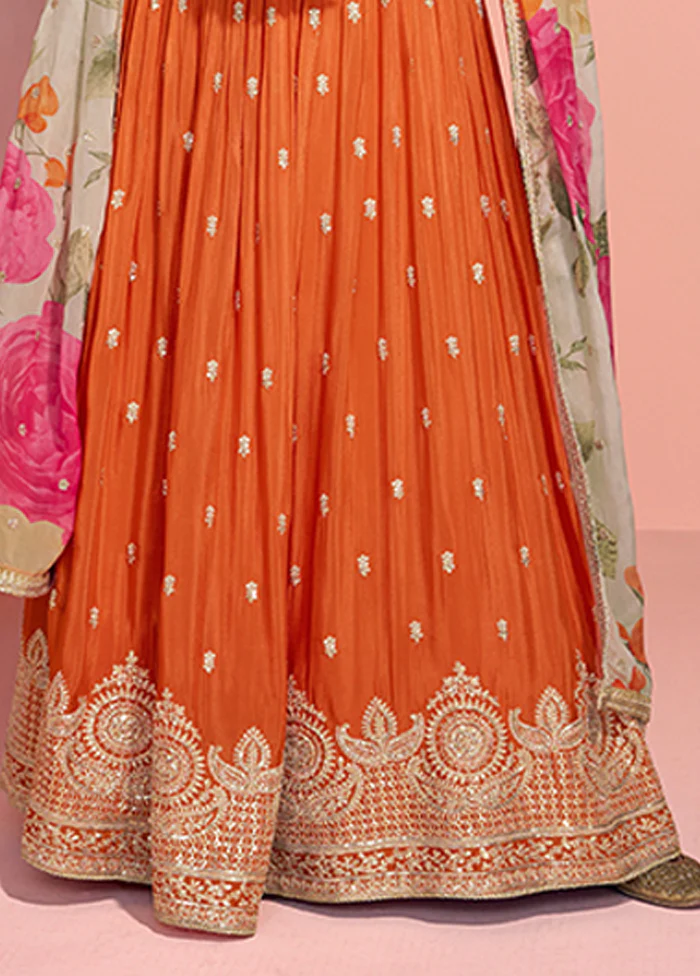 Orange Embroidery Work Silk Anarkali Suits - Image 3