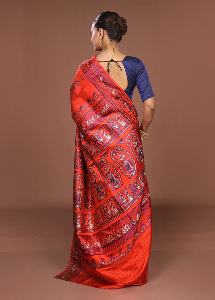 Orange Handloom Baluchari Pure Silk Saree With Blouse Piece - Image 3