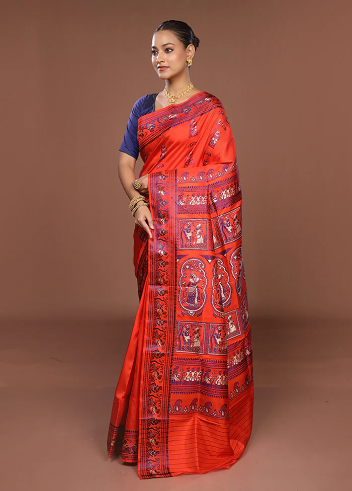 Orange Handloom Baluchari Pure Silk Saree With Blouse Piece - Image 4