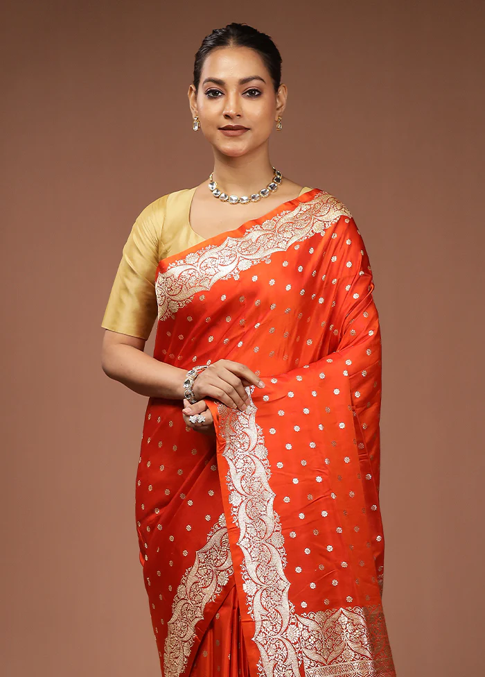 Orange Handloom Banarasi Pure Silk Saree With Blouse Piece