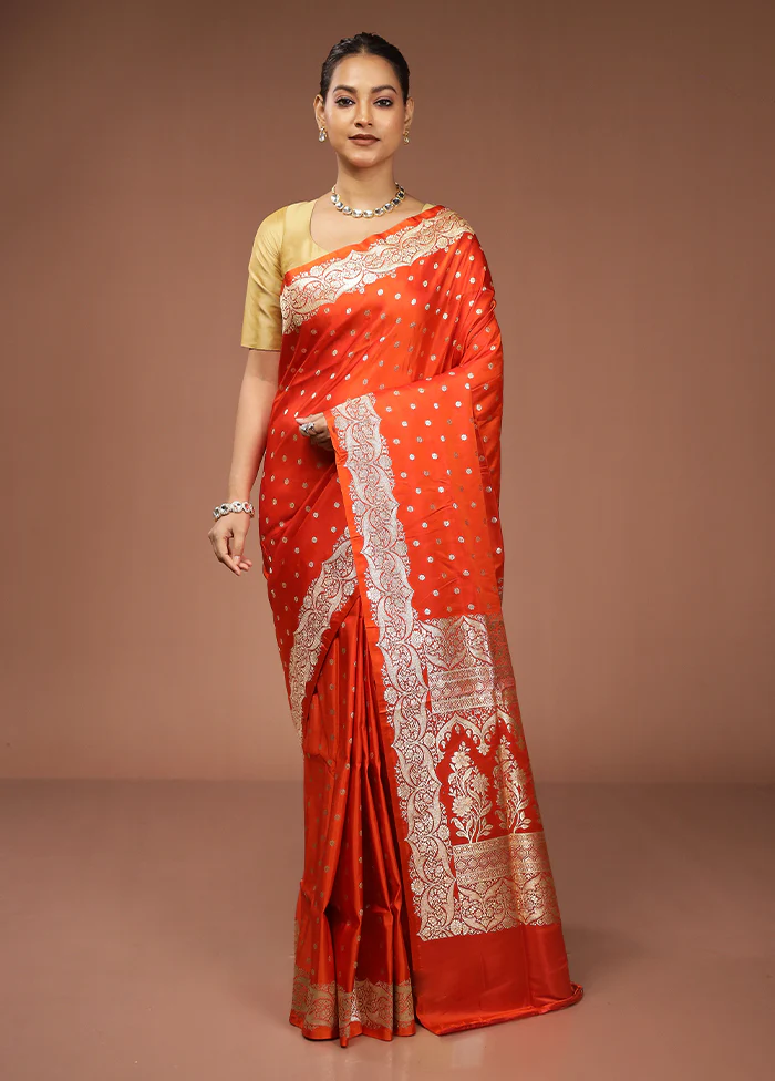 Orange Handloom Banarasi Pure Silk Saree With Blouse Piece - Image 2