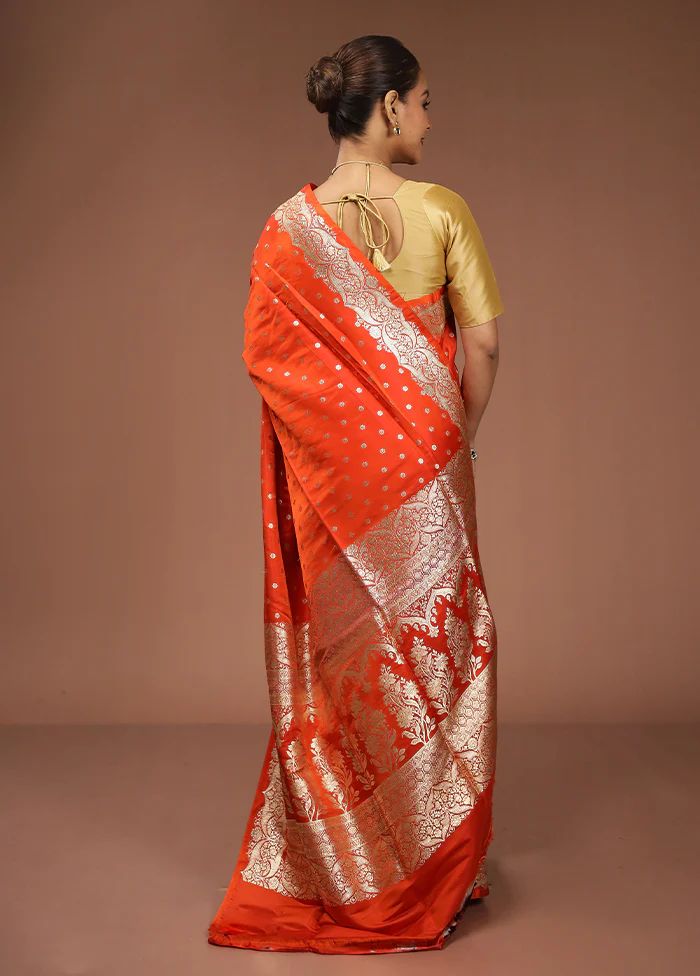 Orange Handloom Banarasi Pure Silk Saree With Blouse Piece - Image 3