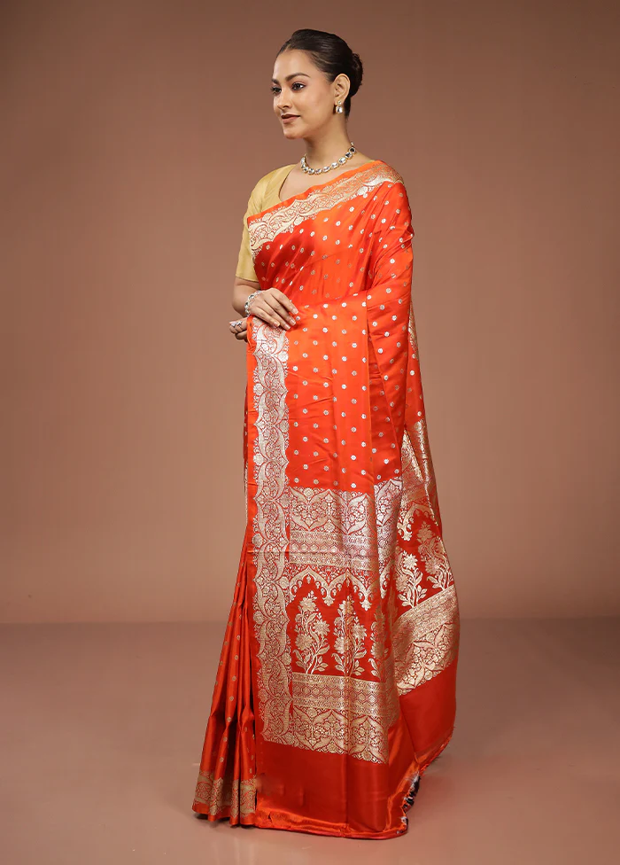 Orange Handloom Banarasi Pure Silk Saree With Blouse Piece - Image 4