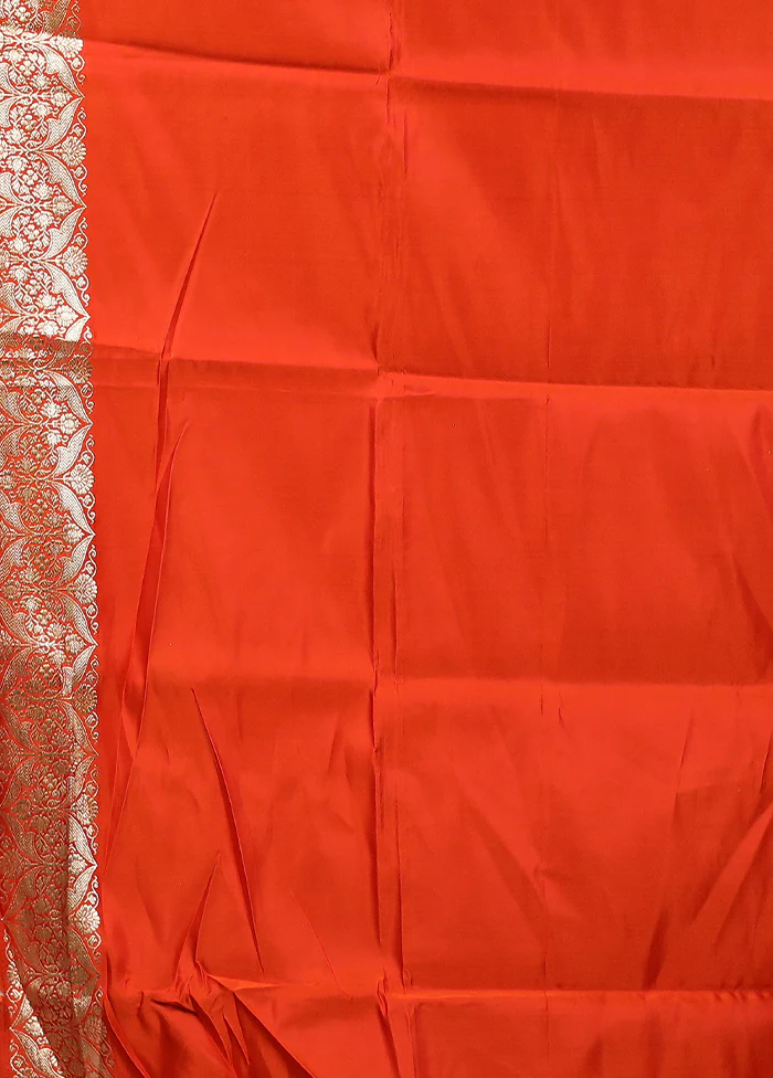 Orange Handloom Banarasi Pure Silk Saree With Blouse Piece - Image 5