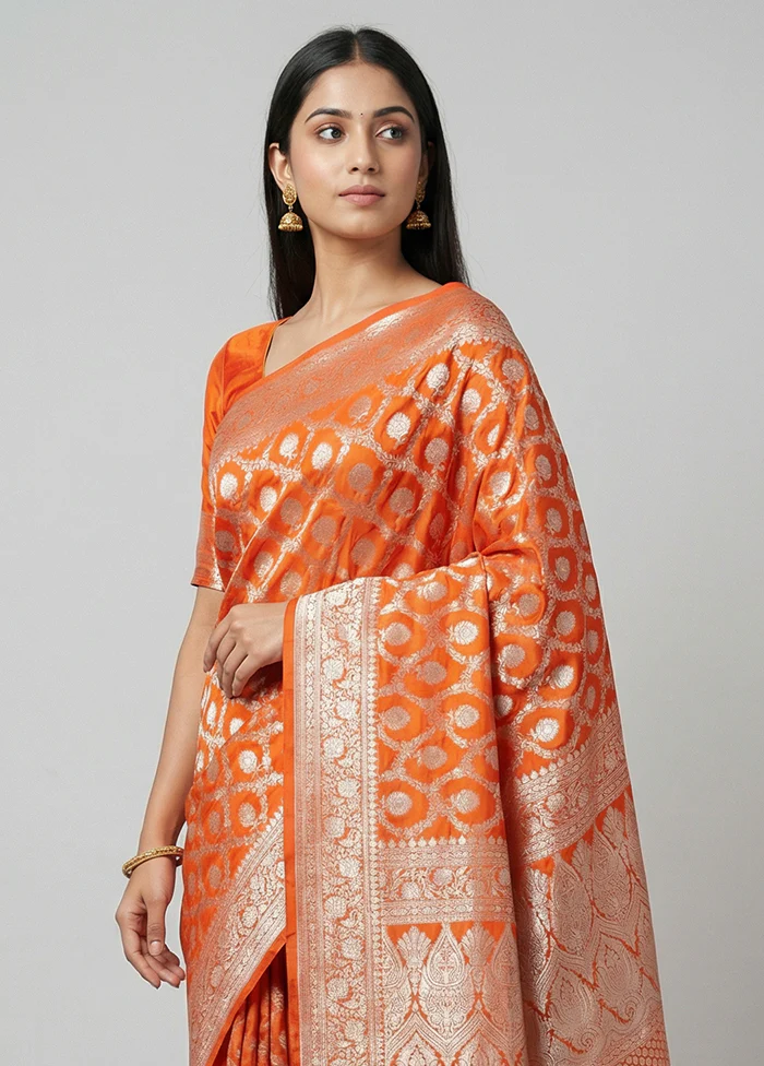 Orange Handloom Banarasi Pure Silk Saree With Blouse Piece - Image 2