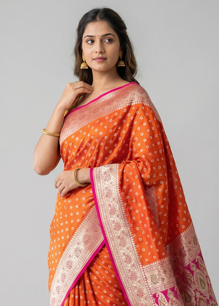 Orange Handloom Banarasi Pure Silk Saree With Blouse Piece - Image 2