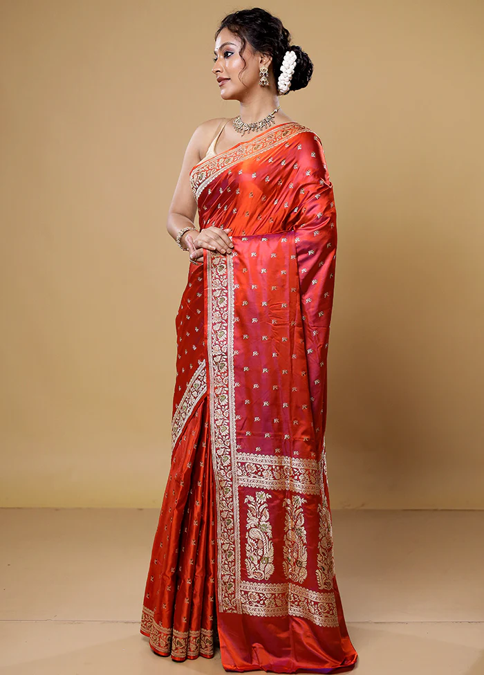 Orange Handloom Banarasi Pure Silk Saree With Blouse Piece - Image 4