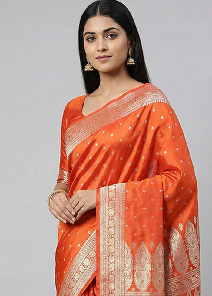 Orange Handloom Banarasi Pure Silk Saree With Blouse Piece - Image 2