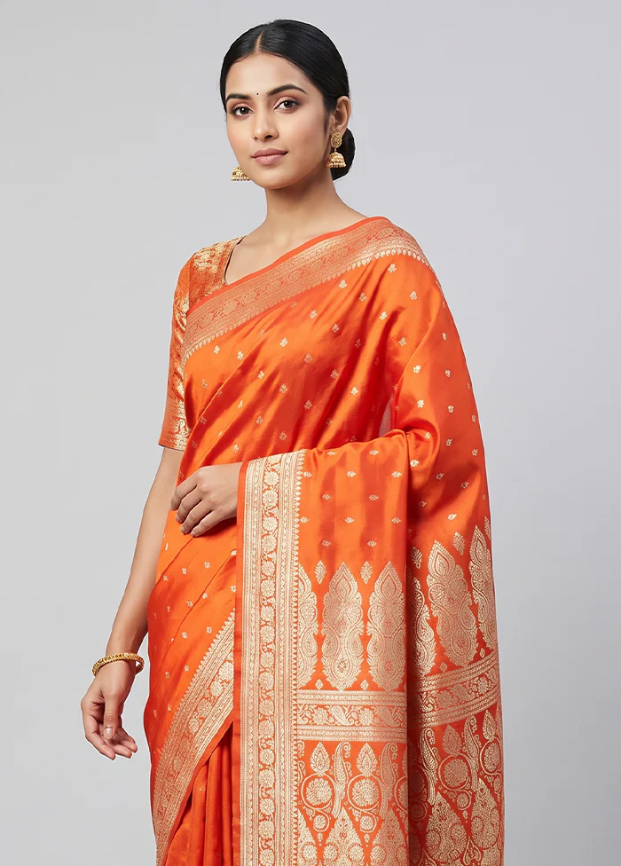 Orange Handloom Banarasi Pure Silk Saree With Blouse Piece - Image 2