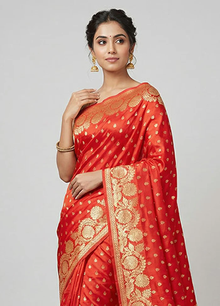 Orange Handloom Banarasi Pure Silk Saree With Blouse Piece - Image 2
