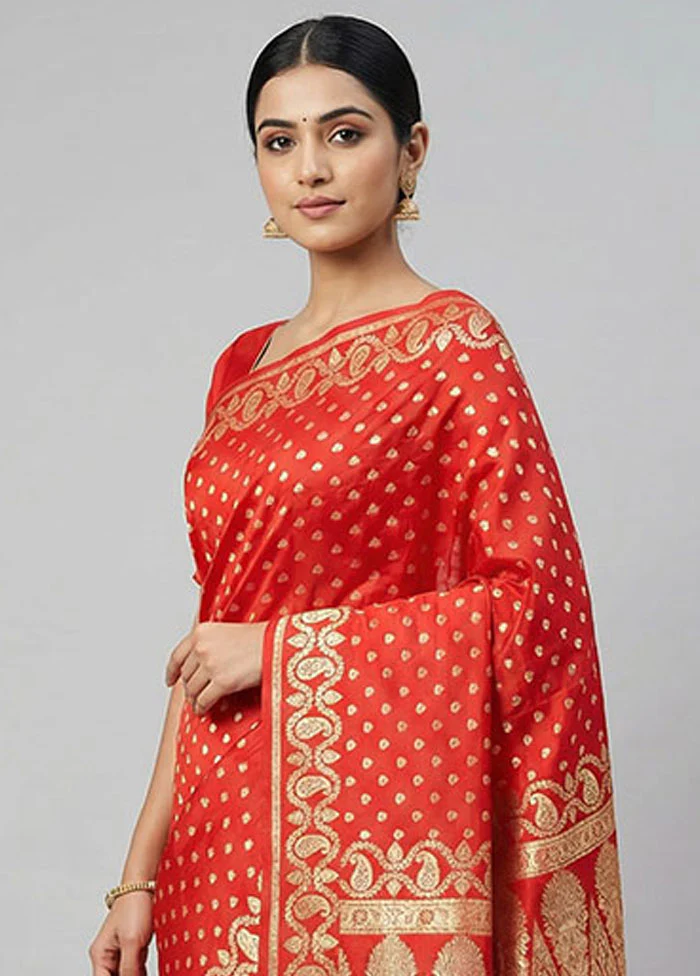 Orange Handloom Banarasi Pure Silk Saree With Blouse Piece - Image 2