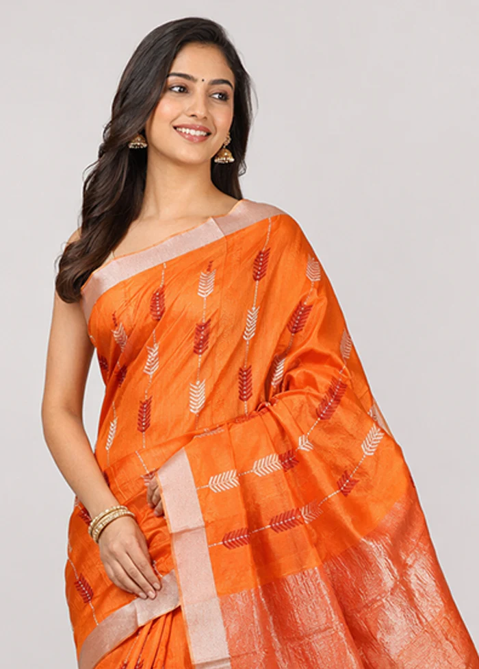 Orange Handloom Chanderi Pure Silk Saree With Blouse Piece - Image 2