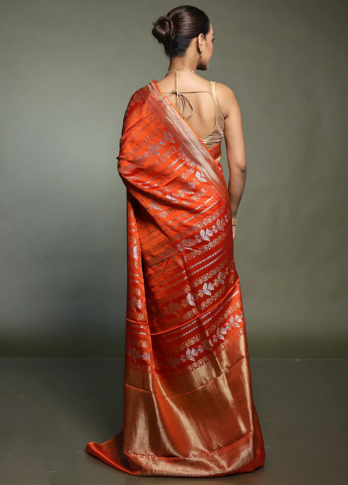 Orange Handloom Dupion Pure Silk Saree With Blouse Piece - Image 3