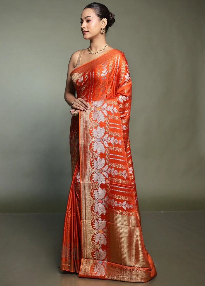 Orange Handloom Dupion Pure Silk Saree With Blouse Piece - Image 4