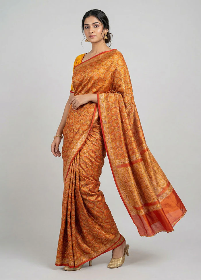 Orange Handloom Jamewar Pure Silk Saree With Blouse Piece